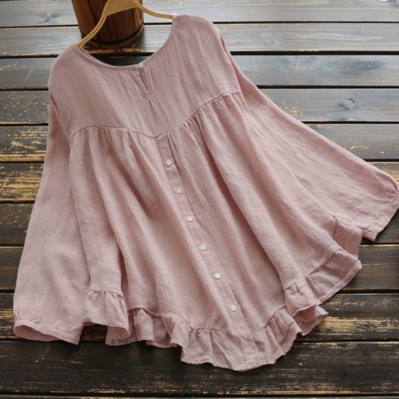 Zanzea Women’s Pink Long Sleeve Loose Top Ruffle Hem Back Buttons Plus Sz 2XL - Picture 2 of 13